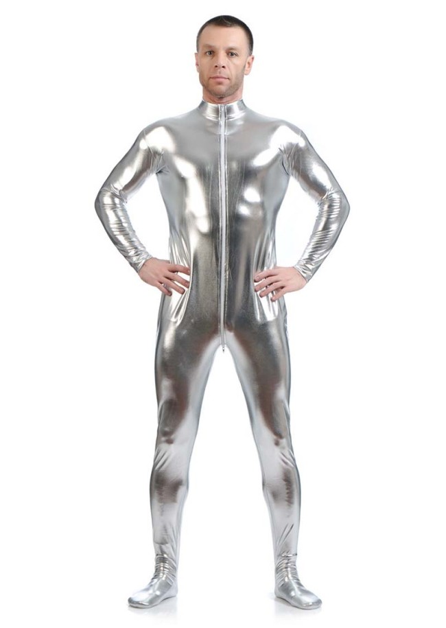 Fashion Skinny Shiny Metallic PU Jumpsuit 2022 Leather Zip Turtleneck Club Outfits Men One Piece Stretchable Clothing bodysuit