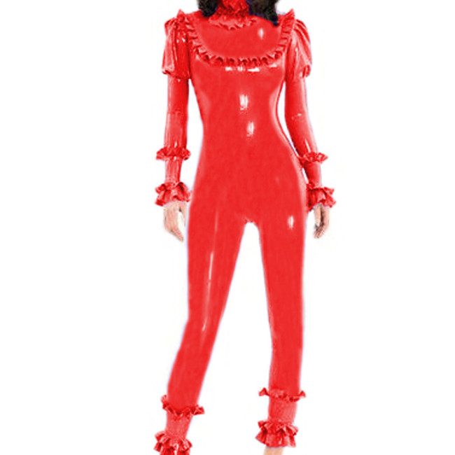 PVC Overall Gothic Vinyl Catsuit With Ruffles Long Women Jumpsuit Puffed Sleeves Party Rompers Fashionable Cosplay Costume 7XL