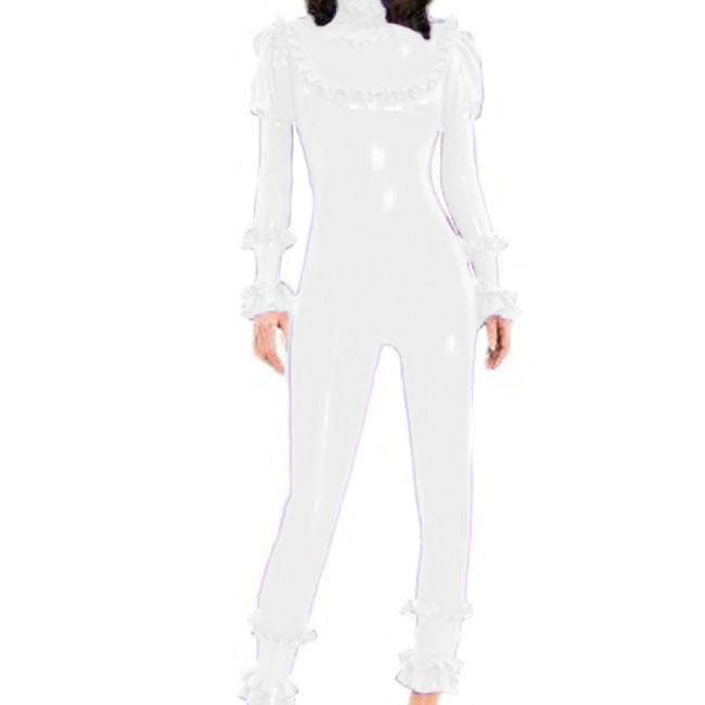 PVC Overall Gothic Vinyl Catsuit With Ruffles Long Women Jumpsuit Puffed Sleeves Party Rompers Fashionable Cosplay Costume 7XL