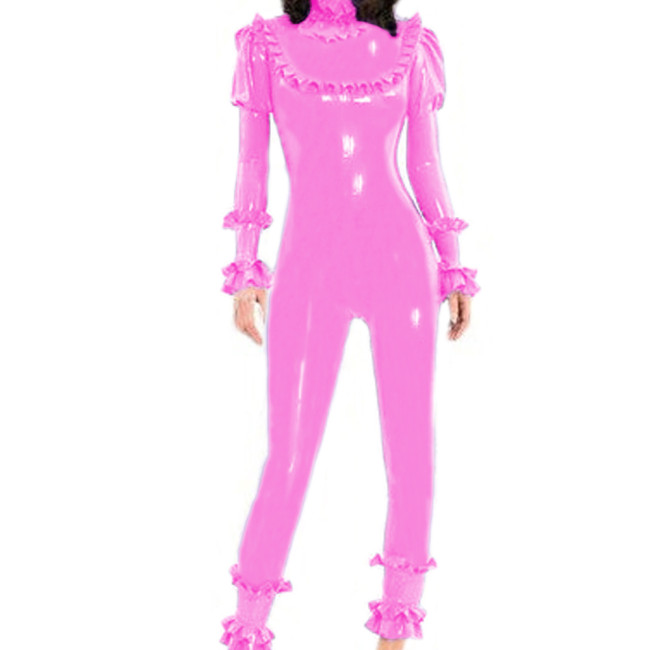 PVC Overall Gothic Vinyl Catsuit With Ruffles Long Women Jumpsuit Puffed Sleeves Party Rompers Fashionable Cosplay Costume 7XL