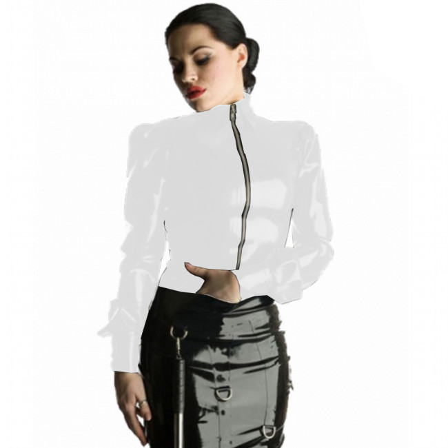 Women PVC Shirt Long Sleeve Lantern sleeve Office Lady Tops PU Gothic Shirt Faux Leather Zipper Front shirt collar Slim shirt