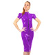 Sexy Faux Latex Package Hip DressTurtleneck puff sleeves Bodycon Clubwear PVC Zipper Wet look Vinyl Dresses Stretch Midi Dress