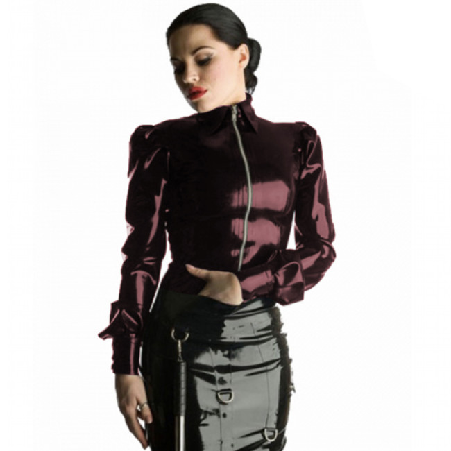 Women PVC Shirt Long Sleeve Lantern sleeve Office Lady Tops PU Gothic Shirt Faux Leather Zipper Front shirt collar Slim shirt