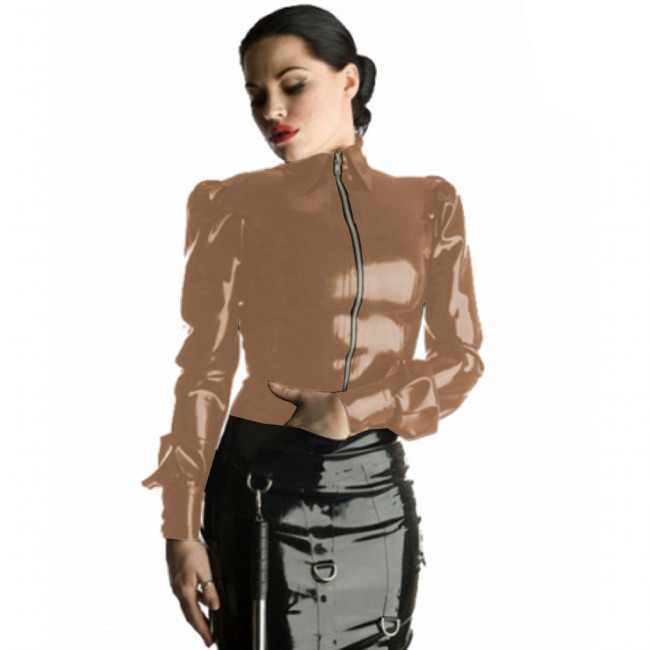 Women PVC Shirt Long Sleeve Lantern sleeve Office Lady Tops PU Gothic Shirt Faux Leather Zipper Front shirt collar Slim shirt