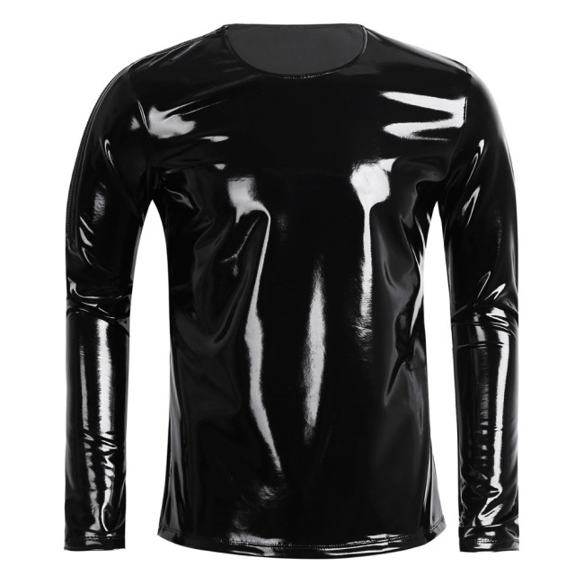 2022 New Men's Leather Long SleeveT-Shirt Male Autumn O-Neck Slim Fit Solid Color T Shirts Tops Club Party Gothic Tops