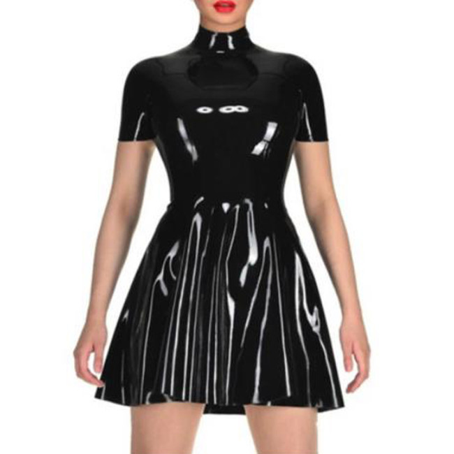 Woman Sexy PU Leather Mini dress 2022 High Neck Short Sleeve A Line Dress New Night Club Elegant Female Slim dress plus size 7XL