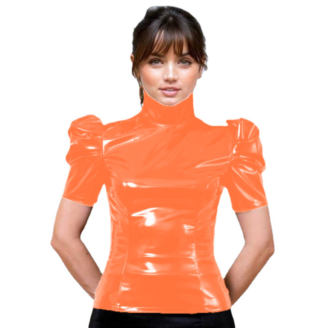 PVC Shiny Patent Leather Turtleneck Top Women Short Puffed Sleeves Blouse Office Faux Latex Bodycon High Neck Shirt Tops Custom