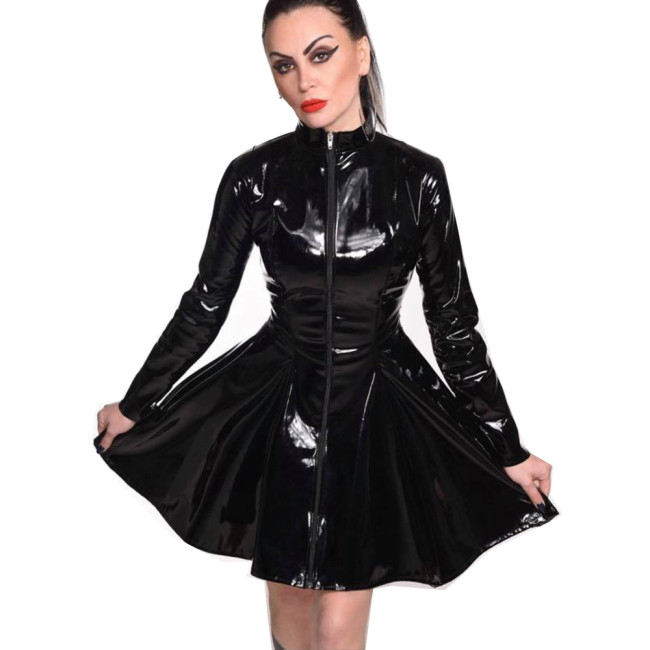 Plus Size S-7XL Long Sleeve Mini Dress PVC Pleated Simple Zipper Faux Leather Dresses Women Sexy Wetlook Clubwear Party Costume