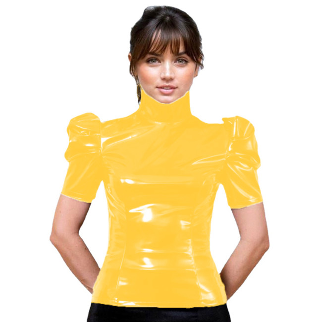 PVC Shiny Patent Leather Turtleneck Top Women Short Puffed Sleeves Blouse Office Faux Latex Bodycon High Neck Shirt Tops Custom