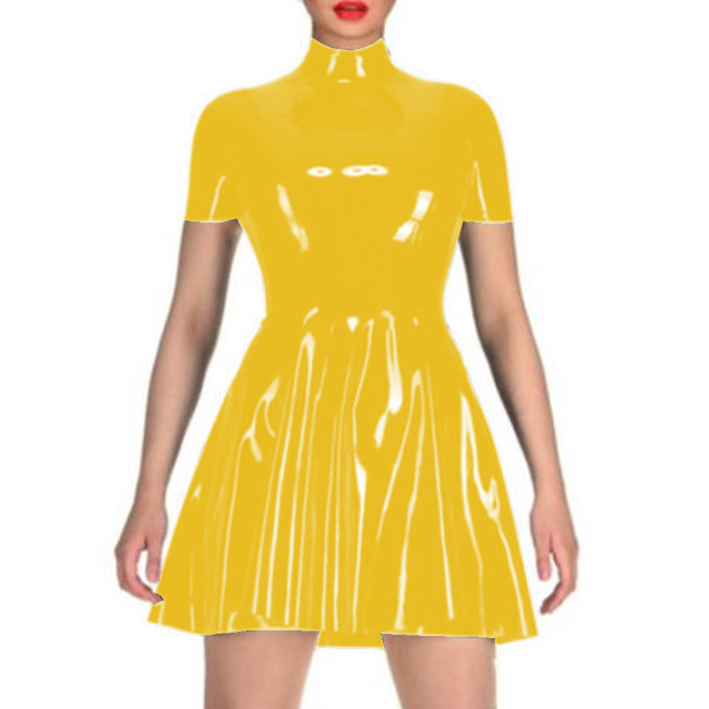 Wetlook PVC Leather Club Dresses Woman Sexy PU Leather Mini Dress Short Sleeve A Line Dress Nightclub Elegant Female Slim Dress