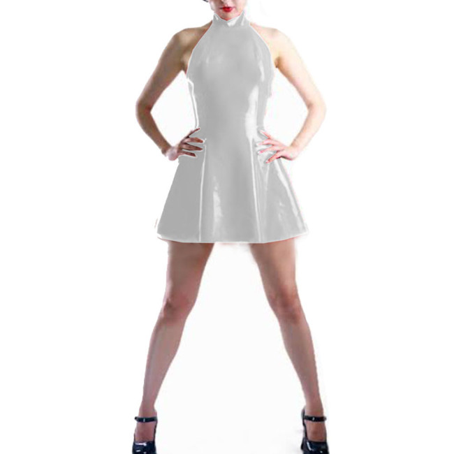 Sexy PU Leather A-Line Mini Dress Sleeveless Halter Skater Dress Summer Kawaii Vintage Party Dress Wet Look Dancing Clubwear