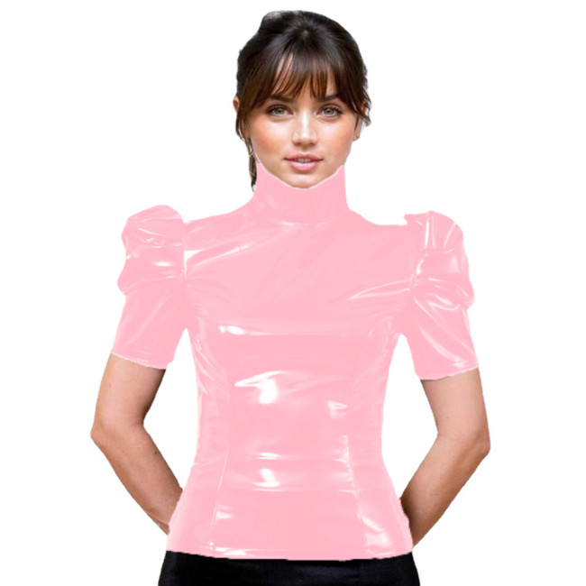 PVC Shiny Patent Leather Turtleneck Top Women Short Puffed Sleeves Blouse Office Faux Latex Bodycon High Neck Shirt Tops Custom