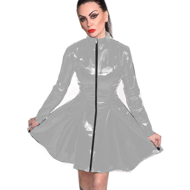Plus Size S-7XL Long Sleeve Mini Dress PVC Pleated Simple Zipper Faux Leather Dresses Women Sexy Wetlook Clubwear Party Costume