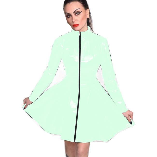 Plus Size S-7XL Long Sleeve Mini Dress PVC Pleated Simple Zipper Faux Leather Dresses Women Sexy Wetlook Clubwear Party Costume