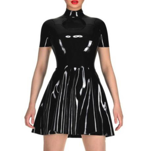 Wetlook PVC Leather Club Dresses Woman Sexy PU Leather Mini Dress Short Sleeve A Line Dress Nightclub Elegant Female Slim Dress
