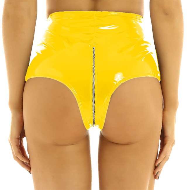 Candy Color Women Shorts Sexy PVC Front Zipper Short Briefs High Waist Open Crotch Panties Beach Faux Leather Clubwear 7XL