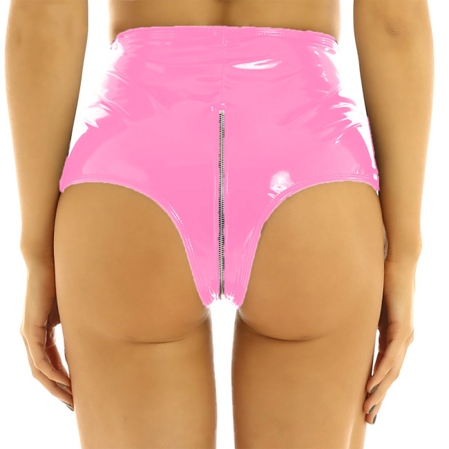 Candy Color Women Shorts Sexy PVC Front Zipper Short Briefs High Waist Open Crotch Panties Beach Faux Leather Clubwear 7XL