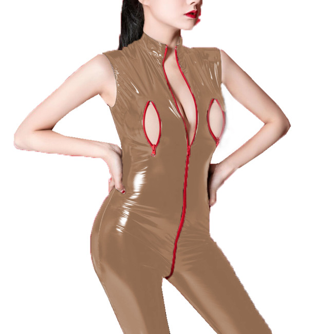Sleeveless Shiny PVC Jumpsuit Sexy Faux Leather Bodysuit Front Zipper Open Chest Crotch Erotic Jumpsuits Nightclub Costume