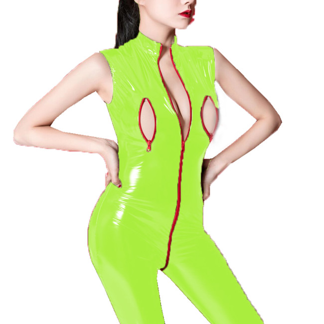 Sleeveless Shiny PVC Jumpsuit Sexy Faux Leather Bodysuit Front Zipper Open Chest Crotch Erotic Jumpsuits Nightclub Costume
