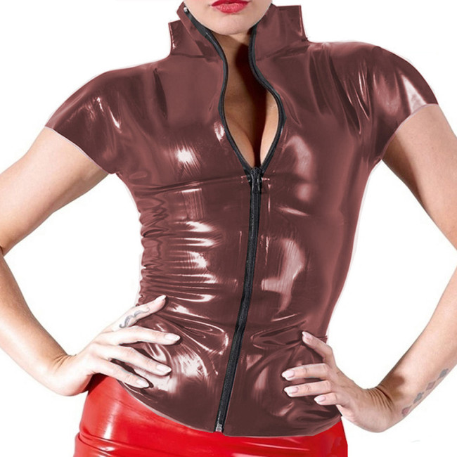 Fashion skinny T-shirt PVC Leather Short Sleeve Shirts Sexy Zipper Front  Bodycon Stand Collar Punk Outwear Ladies Vinyl Top 7XL