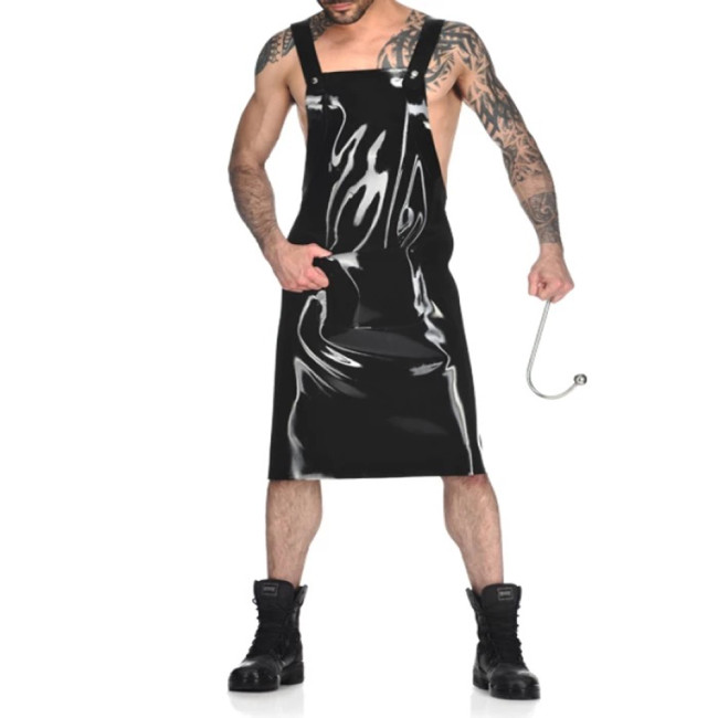 Men Fetish Backless Waiter Cosplay Uniform Sling Siamese Dress Shiny PVC Maids Dress Faux Leather performance clothing Uniform