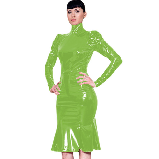 Elegant High Neck Ruffled Puff Sleeve Fancy Dress Skinny PVC Shiny Midi Dress Vestidos Club Party Leather PVC Dresses Plus Size