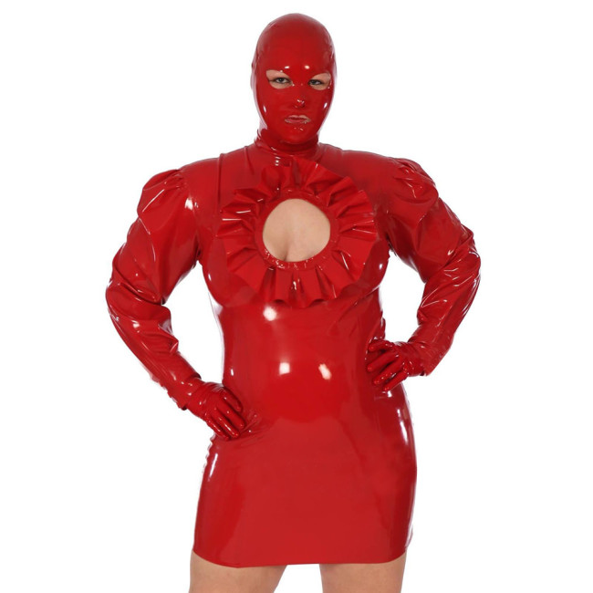 New Arrival Shiny PVC Bondage Mini Dress with Mask Unisex Erotic Costume PU Leather Sexy Clubwear Long Sleeve Dresses Plus Size