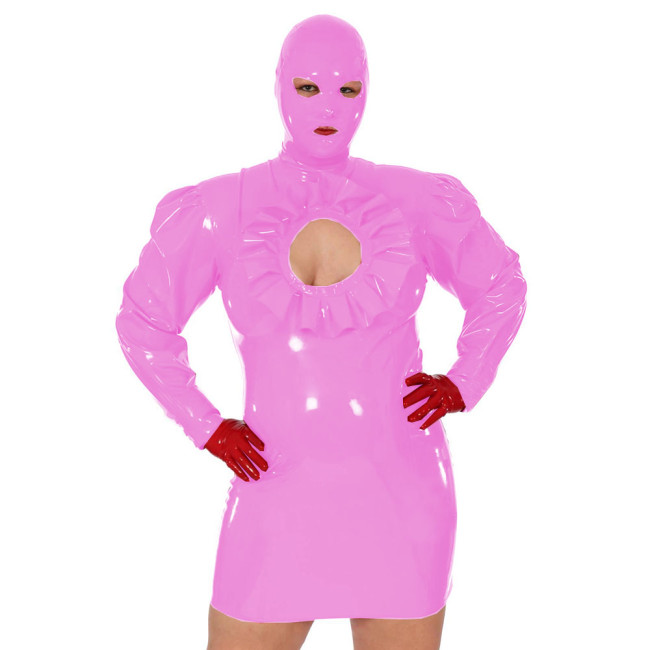New Arrival Shiny PVC Bondage Mini Dress with Mask Unisex Erotic Costume PU Leather Sexy Clubwear Long Sleeve Dresses Plus Size