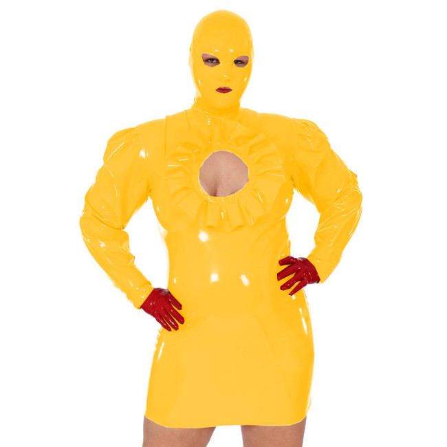 New Arrival Shiny PVC Bondage Mini Dress with Mask Unisex Erotic Costume PU Leather Sexy Clubwear Long Sleeve Dresses Plus Size