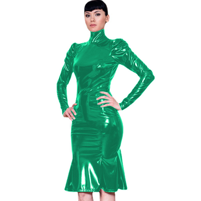 Elegant High Neck Ruffled Puff Sleeve Fancy Dress Skinny PVC Shiny Midi Dress Vestidos Club Party Leather PVC Dresses Plus Size