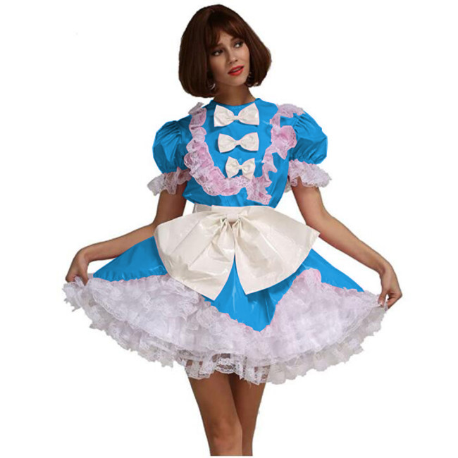 Men Sissy French Maid Uniform Short Puff Sleeve Fancy Flare Dress Cosplay Costume PVC Frilly Crossdrssing Dress with Bow Apron