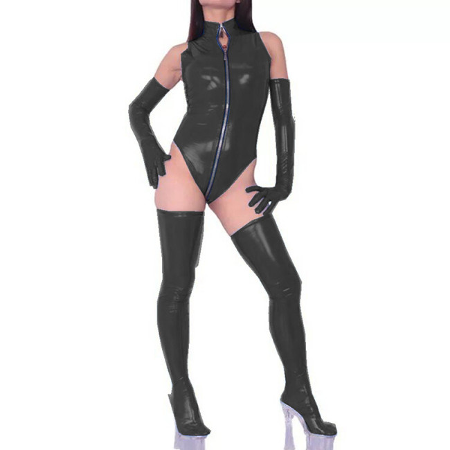 Women Bodysuit Zipper Open Crotch Patent Leather Bodysuit with Gloves and Stocking Pole Dance Outfit Erotic Plus Size Jumpsuit