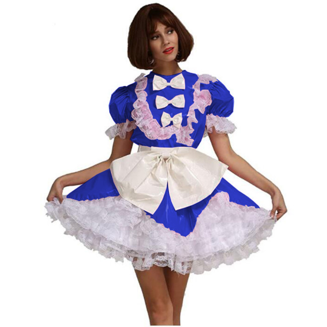 Men Sissy French Maid Uniform Short Puff Sleeve Fancy Flare Dress Cosplay Costume PVC Frilly Crossdrssing Dress with Bow Apron