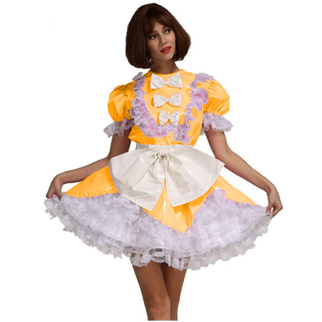 Men Sissy French Maid Uniform Short Puff Sleeve Fancy Flare Dress Cosplay Costume PVC Frilly Crossdrssing Dress with Bow Apron