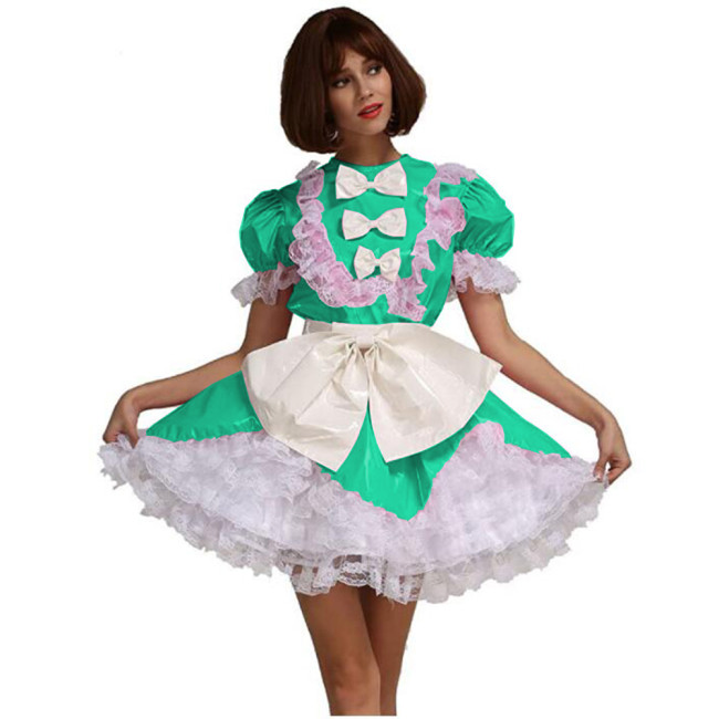 Men Sissy French Maid Uniform Short Puff Sleeve Fancy Flare Dress Cosplay Costume PVC Frilly Crossdrssing Dress with Bow Apron