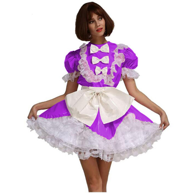 Men Sissy French Maid Uniform Short Puff Sleeve Fancy Flare Dress Cosplay Costume PVC Frilly Crossdrssing Dress with Bow Apron