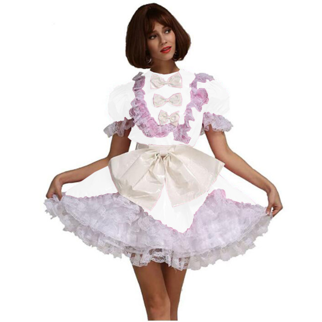 Men Sissy French Maid Uniform Short Puff Sleeve Fancy Flare Dress Cosplay Costume PVC Frilly Crossdrssing Dress with Bow Apron