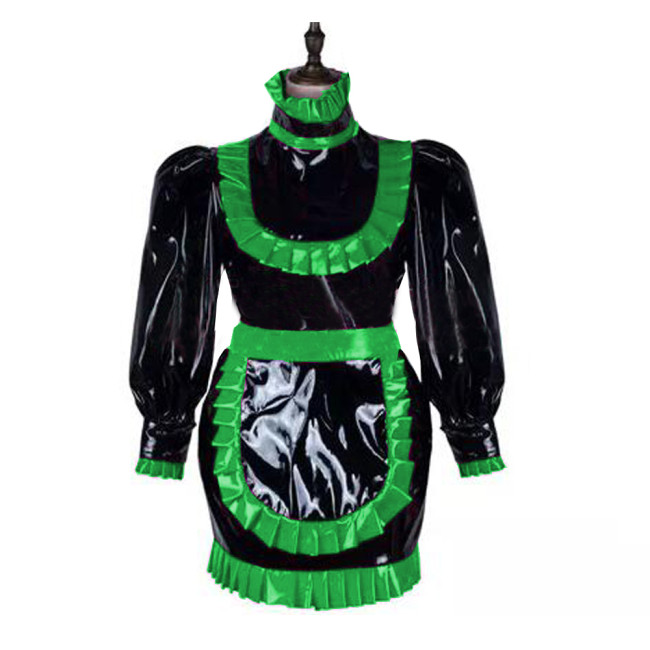 New Arrival Lockable Maid PVC Mini Dress PU Leather French Miad Dress Lantern sleeve Bodycon Apron SISSY Dress S-7XL