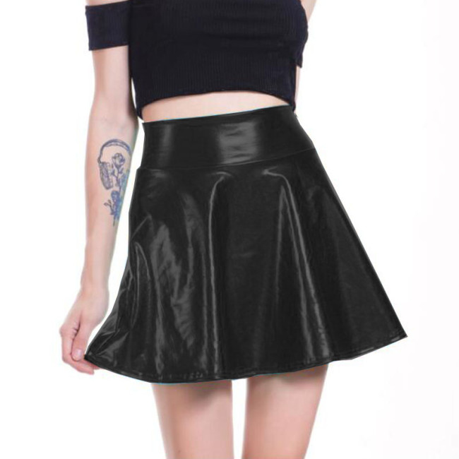 Summer Shiny Metallic Pleated Skirt Solid Short Stage Streetwear Stretch PVC A-Line Mini Skirts Party Clubwear High Street Wear