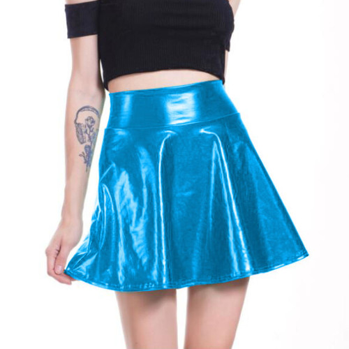Summer Shiny Metallic Pleated Skirt Solid Short Stage Streetwear Stretch PVC A-Line Mini Skirts Party Clubwear High Street Wear