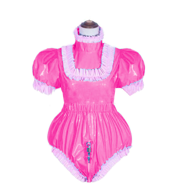 Women Sexy Leather PVC Bodycon Jumpsuit Cosplay Costum Bodysuit Erotic Sex Costume Lockable maid sissy Short Puff Sleeve Jumpsit