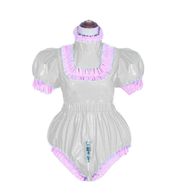Women Sexy Leather PVC Bodycon Jumpsuit Cosplay Costum Bodysuit Erotic Sex Costume Lockable maid sissy Short Puff Sleeve Jumpsit