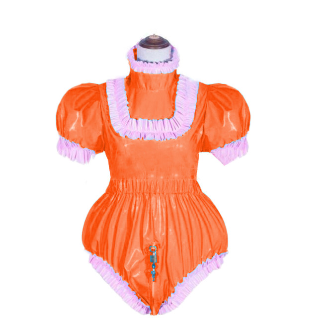 Women Sexy Leather PVC Bodycon Jumpsuit Cosplay Costum Bodysuit Erotic Sex Costume Lockable maid sissy Short Puff Sleeve Jumpsit