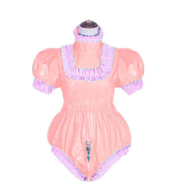 Women Sexy Leather PVC Bodycon Jumpsuit Cosplay Costum Bodysuit Erotic Sex Costume Lockable maid sissy Short Puff Sleeve Jumpsit