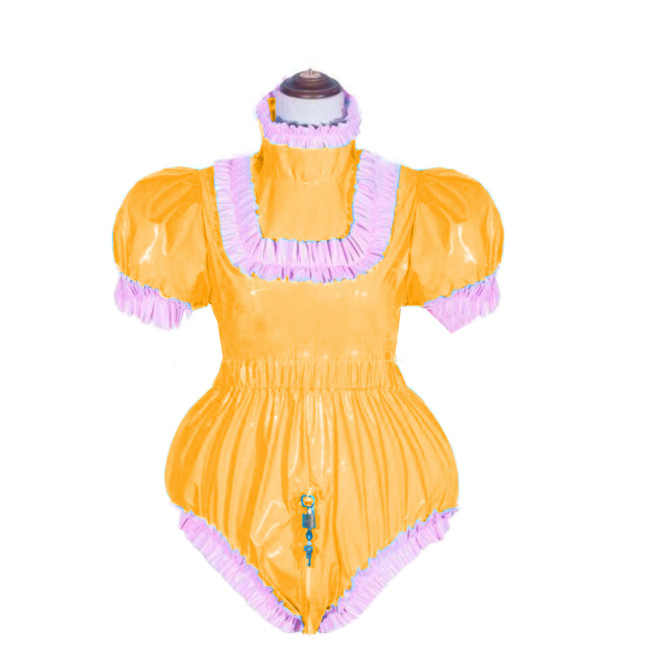 Women Sexy Leather PVC Bodycon Jumpsuit Cosplay Costum Bodysuit Erotic Sex Costume Lockable maid sissy Short Puff Sleeve Jumpsit