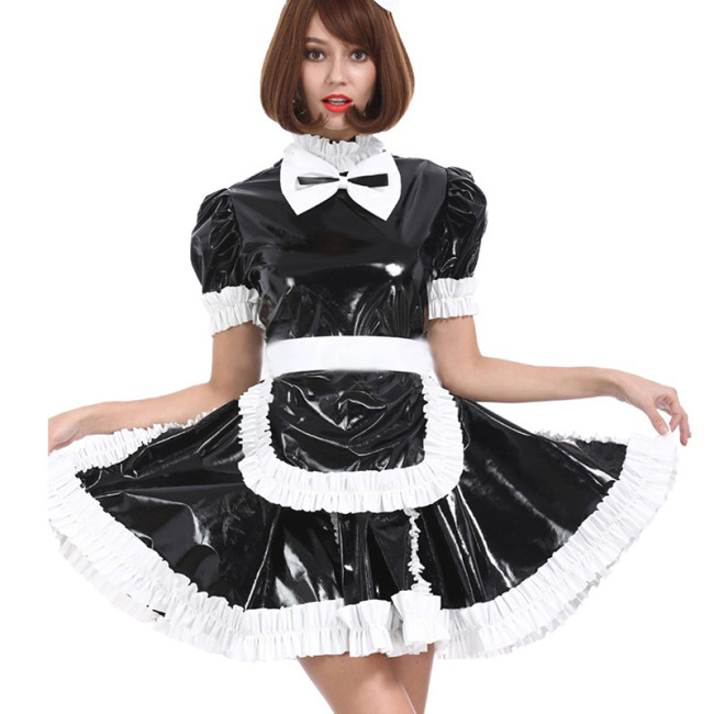 Summer Cute Lolita Maid Costumes Patent Leather Short Sleeve A-line Dress Maid Dress Cosplay Anime Uniform Temptation Sissy Suit