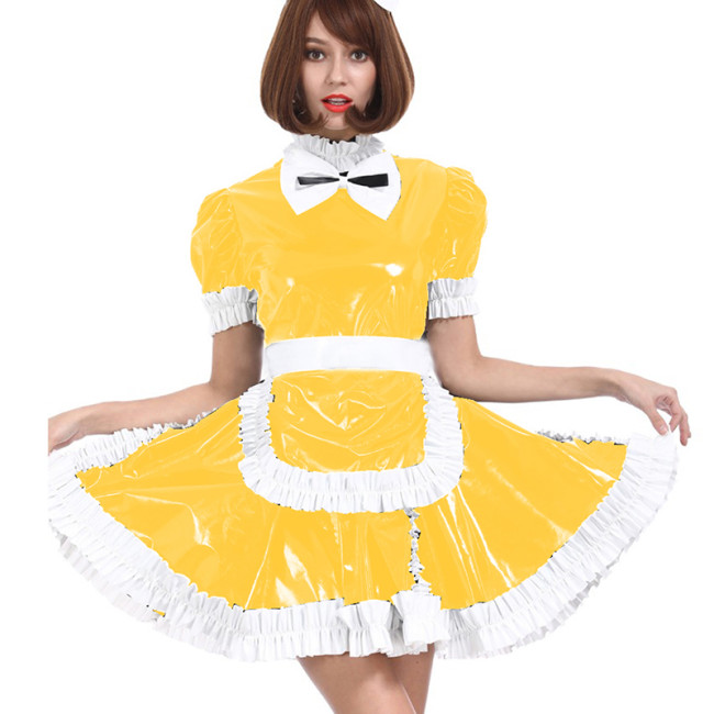 Summer Cute Lolita Maid Costumes Patent Leather Short Sleeve A-line Dress Maid Dress Cosplay Anime Uniform Temptation Sissy Suit