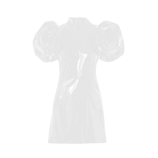 Short Big Puff Sleeve Mini Dress Ladies Retro Bodycon High Neck PVC Dress Performance Clubwear Short Skinny Vestido S-7XL