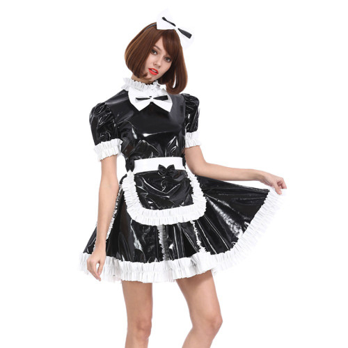 Summer Cute Lolita Maid Costumes Patent Leather Short Sleeve A-line Dress Maid Dress Cosplay Anime Uniform Temptation Sissy Suit