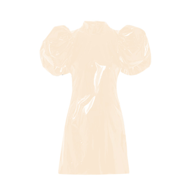 Short Big Puff Sleeve Mini Dress Ladies Retro Bodycon High Neck PVC Dress Performance Clubwear Short Skinny Vestido S-7XL